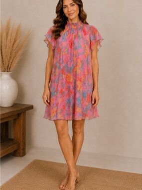 Umgee Pink Floral Ruffle Sleeve Swing Dress 💐 ☀️